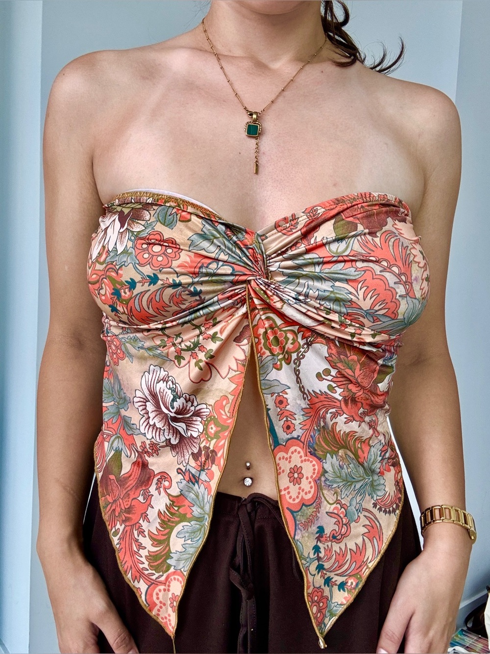 Strapless Floral Twist-Front Scarf Top in Coral Multi